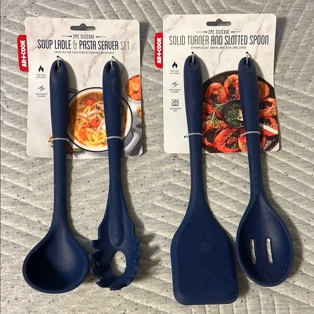 Art cook silicone solid Turner and slotted spoon and sole imposter server.